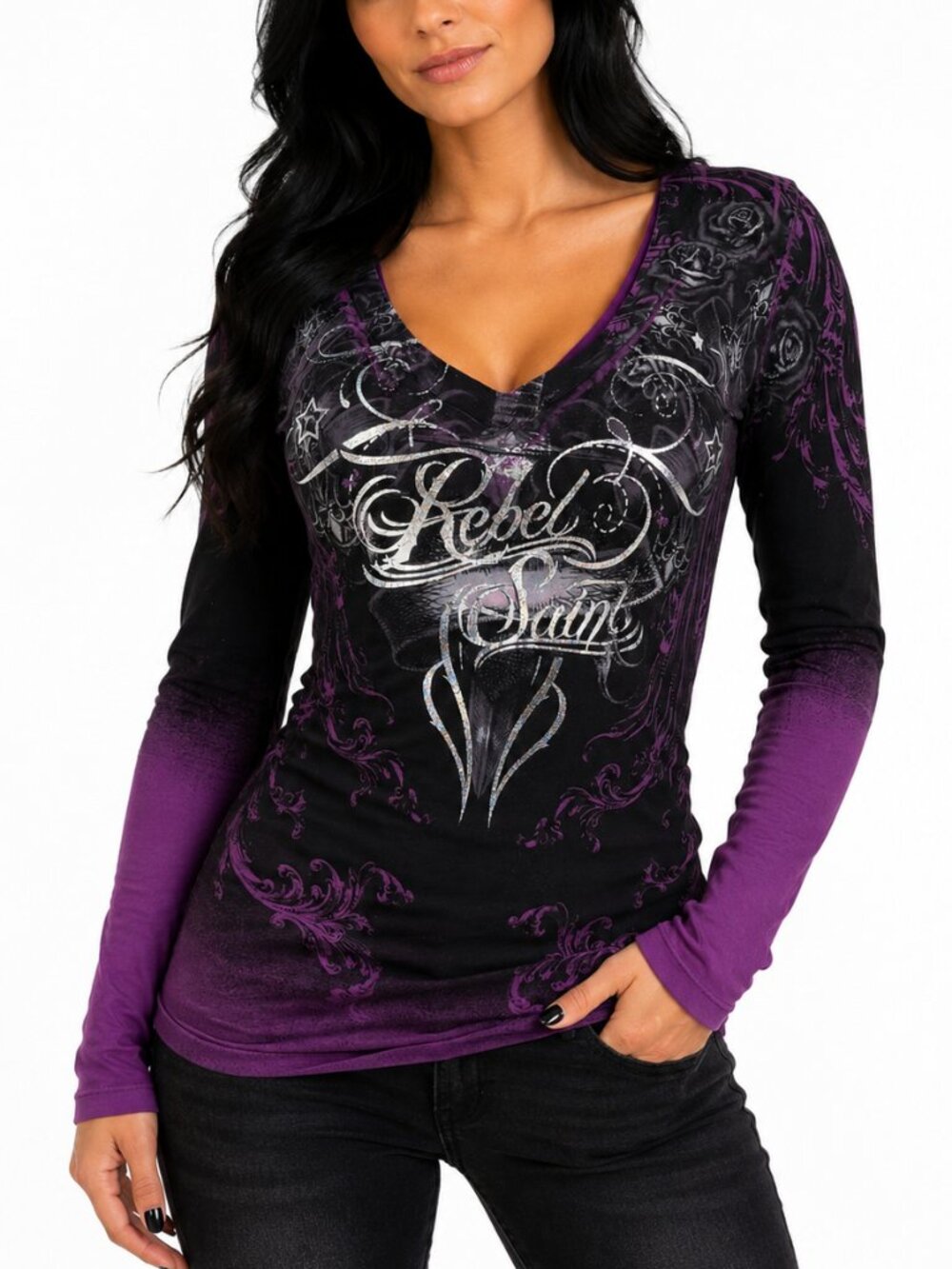 Rebel Saints by Affliction Women's Long Sleeve T-shirt Amelia